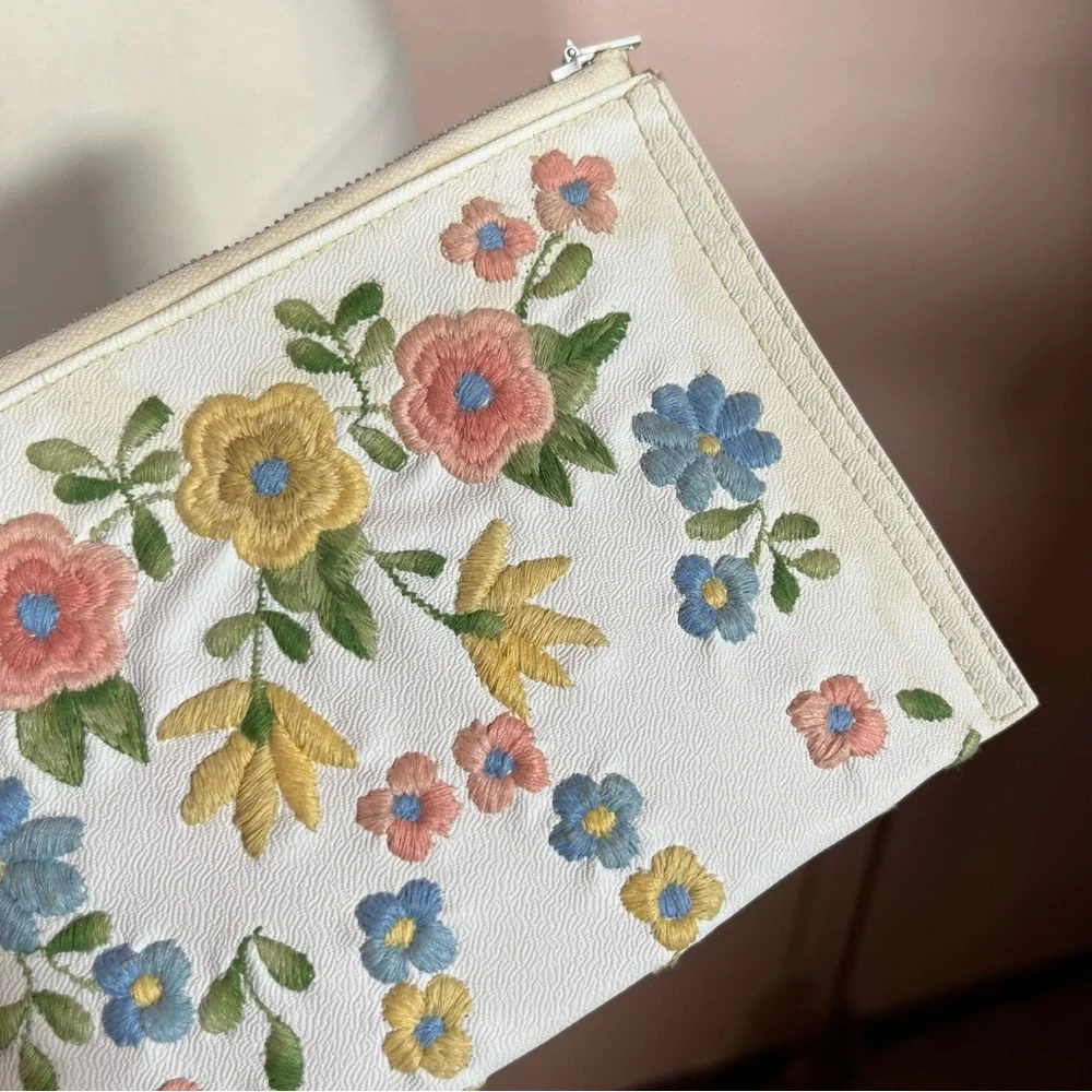 Vintage 40 50 Retro white Leather Pastel embroidered Cottagecore Clutch mini Bag - Picture 4 of 16